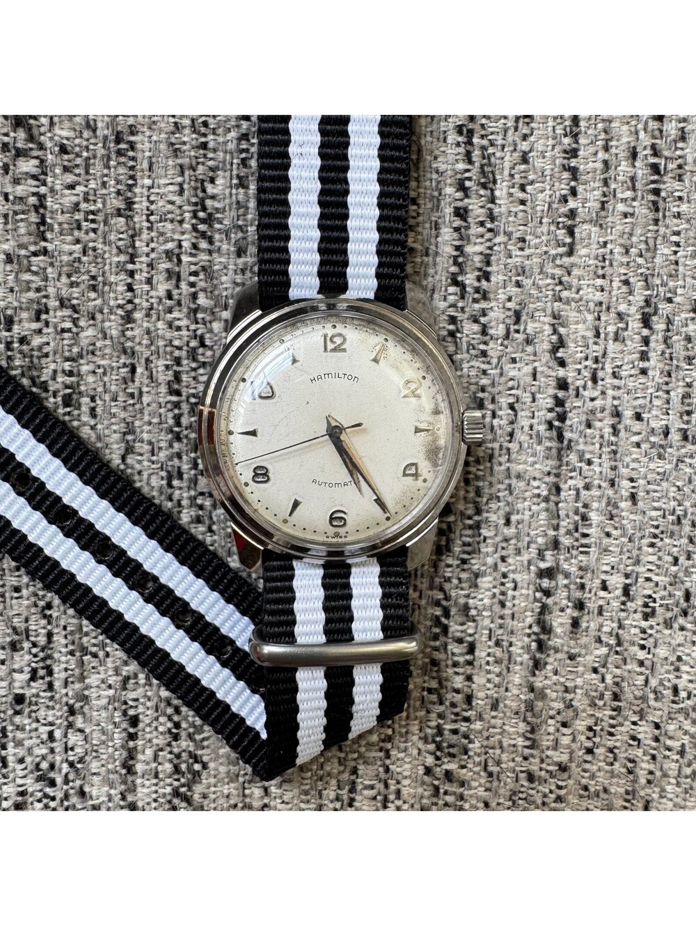 Vintage Hamilton Automatic Swiss Wristwatch Patina Dial Black White Nato Strap